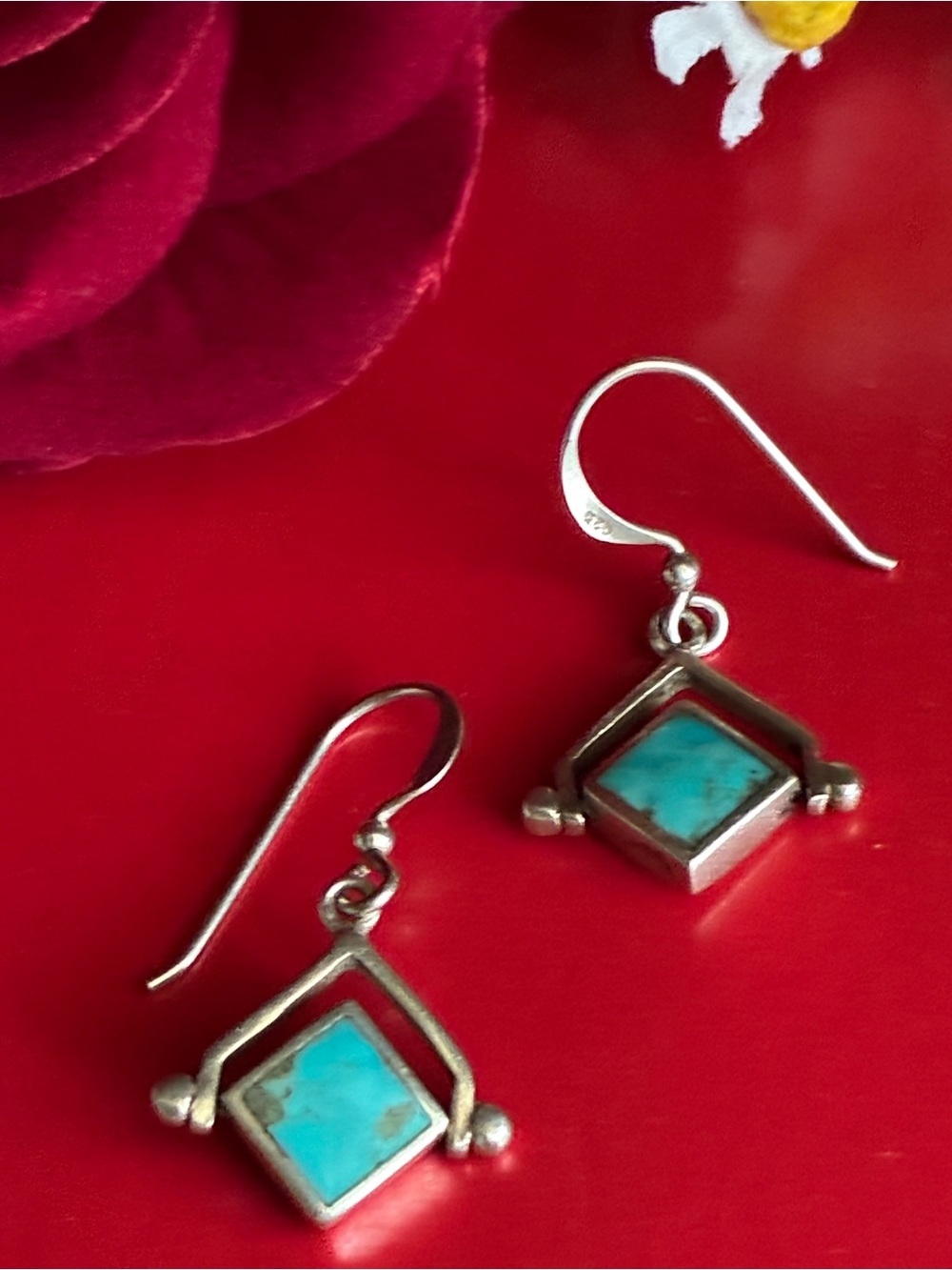 925 Sterling Silver Turquoise Drop Earrings - Blue Turquoise - Picture 5 of 6